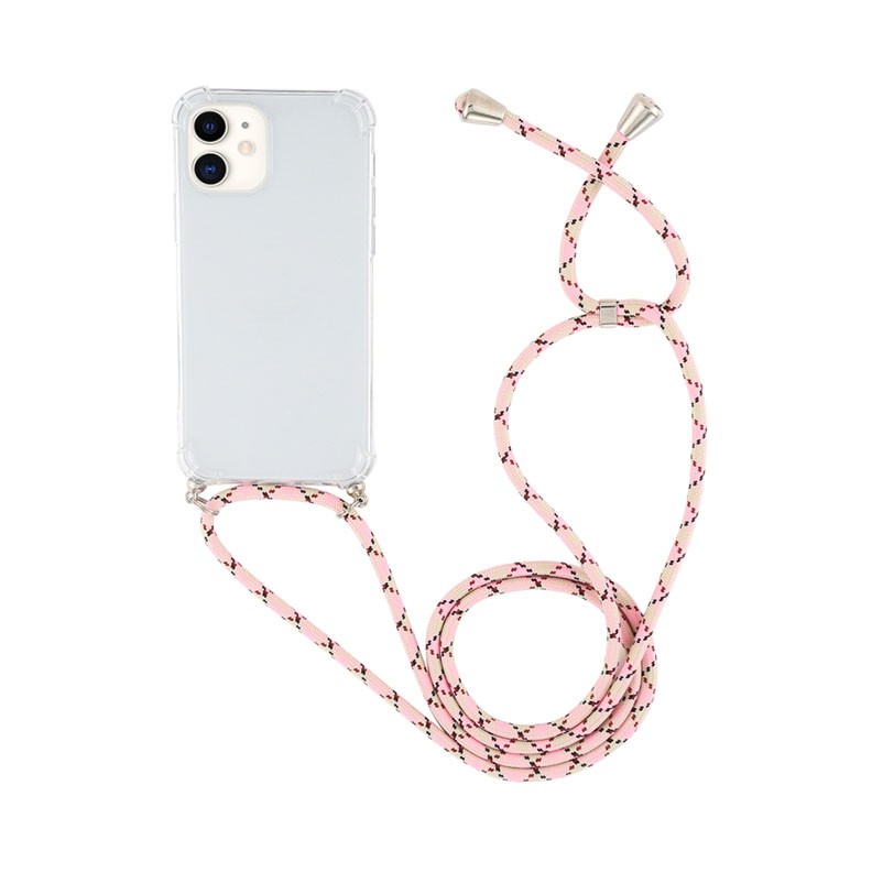 Apple iPhone 12 Mini Four-Corner Shockproof  Θήκη Σιλικόνης Διάφανη με Λουράκι Pink Yellow