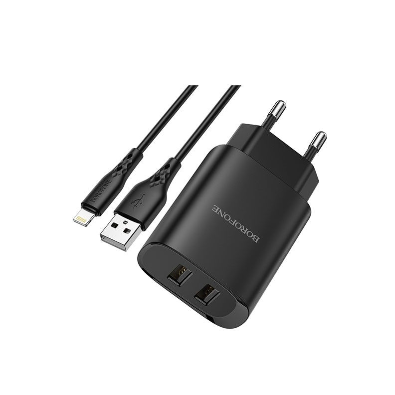 Borofone BN2 Φορτιστής Τοίχου με Καλώδιο Lightning 1M 2x USB-A (EU) 2.1A Black