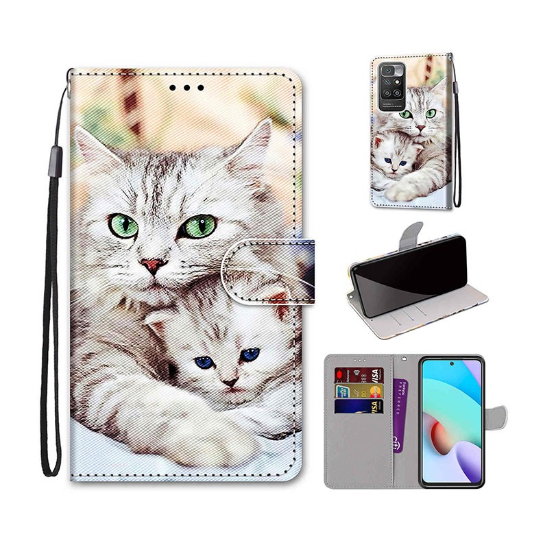 Xiaomi Redmi 10 Coloured Drawing Cross θήκη Πορτοφόλι White Cat