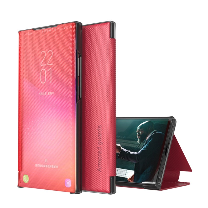 Samsung Galaxy S22 5G Carbon Fiber View Time Leather Θήκη Βιβλίο Red
