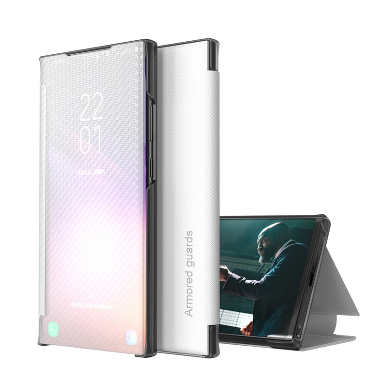 Samsung Galaxy S22 5G Carbon Fiber View Time Leather Θήκη Βιβλίο White