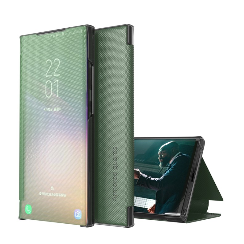 Samsung Galaxy S22 5G Carbon Fiber View Time Leather Θήκη Βιβλίο Green