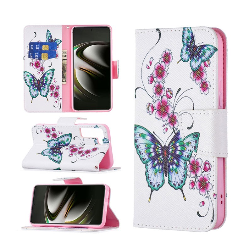 Samsung Galaxy S22 5G Colored Drawing Pattern Θήκη Πορτοφόλι Peach Blossom Butterfly