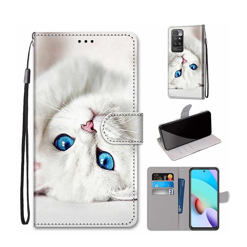 Xiaomi Redmi 10 Coloured Drawing θήκη Πορτοφόλι White Kitten