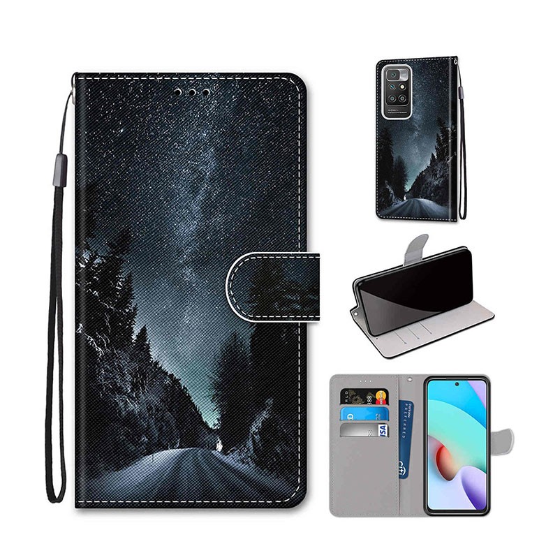 Xiaomi Redmi 10 Coloured Drawing θήκη Πορτοφόλι Mountain Road Starry Sky