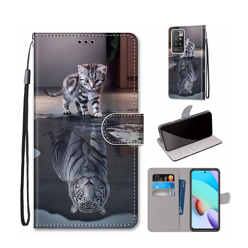 Xiaomi Redmi 10 Coloured Drawing θήκη Πορτοφόλι Cat Becomes Tiger