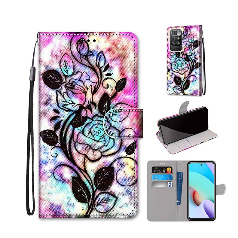 Xiaomi Redmi 10 Coloured Drawing θήκη Πορτοφόλι Color Bottom Hollow Flower
