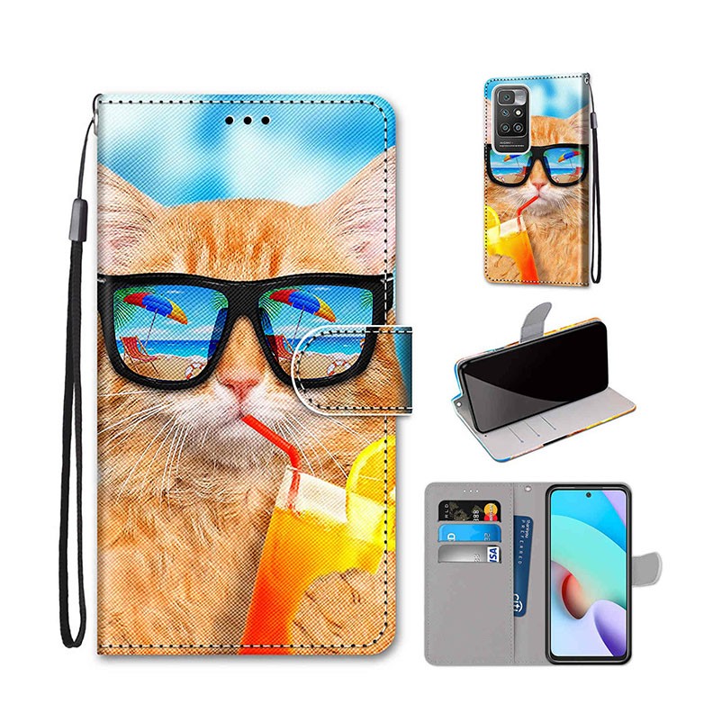 Xiaomi Redmi 10 Coloured Drawing θήκη Πορτοφόλι Cat Drinking Soda