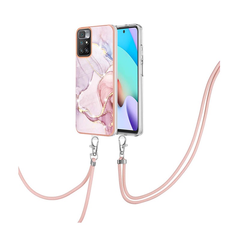 Xiaomi Redmi 10 Electroplating Marble Θήκη Σιλικόνης με Λουράκι Rose Gold