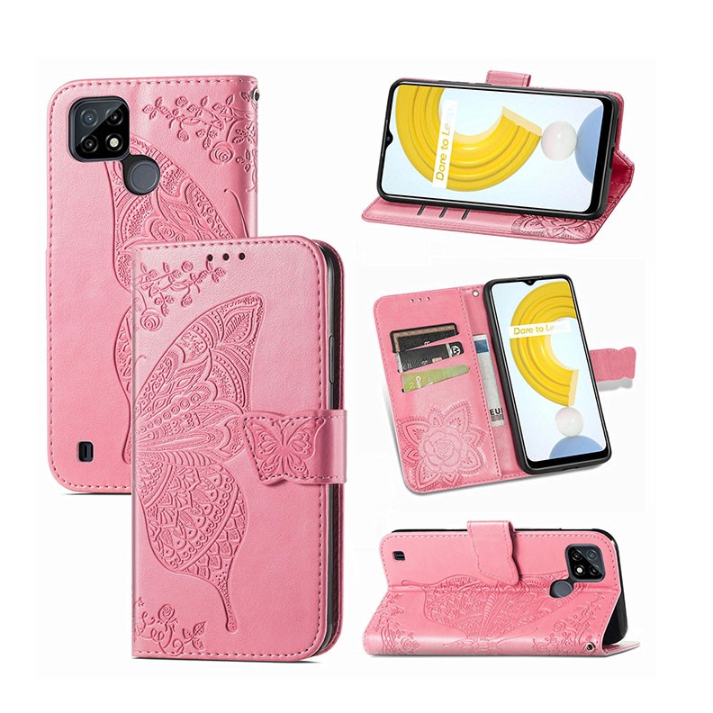 Realme C21Y/C25Y Butterfly Love Flowers θήκη Πορτοφόλι Pink