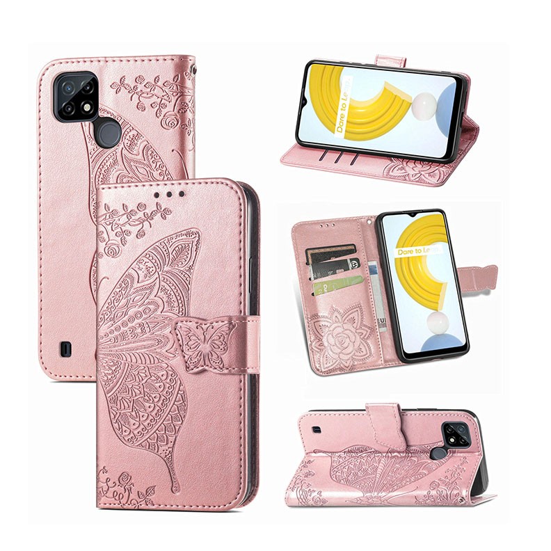 Realme C21Y/C25Y Butterfly Love Flowers θήκη Πορτοφόλι Rose Gold