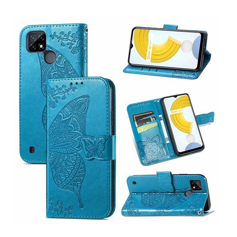 Realme C21Y/C25Y Butterfly Love Flowers θήκη Πορτοφόλι Blue