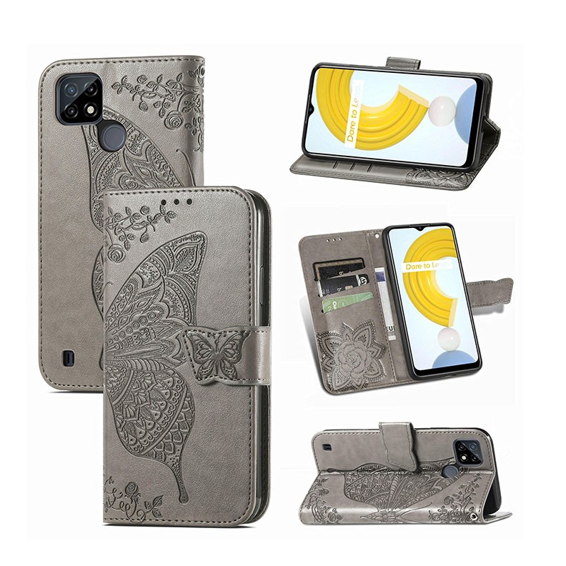 Realme C21Y/C25Y Butterfly Love Flowers θήκη Πορτοφόλι Grey