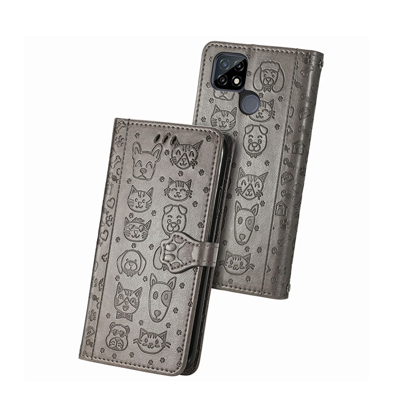 Realme C21Y/C25Y Cat and Dog Embossed θήκη Πορτοφόλι Grey