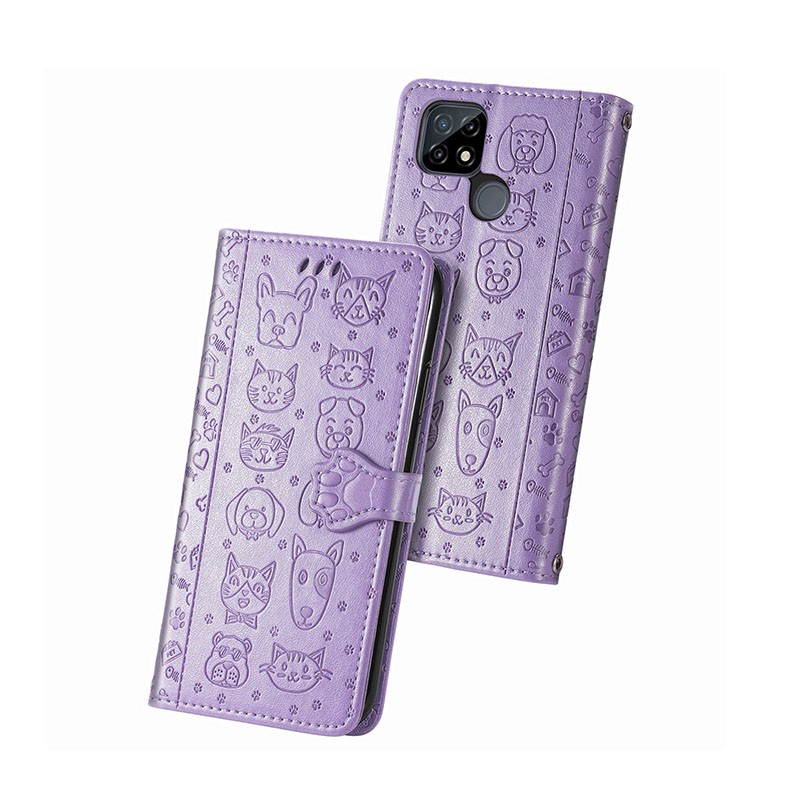 Realme C21Y/C25Y Cat and Dog Embossed θήκη Πορτοφόλι Purple