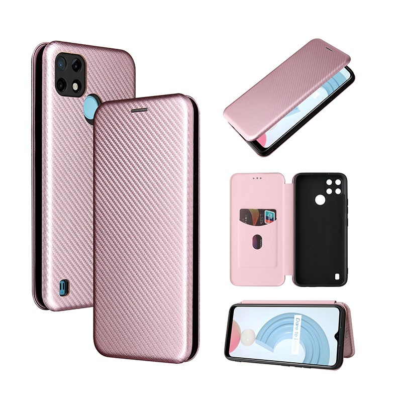 Realme C21Y/C25Y Carbon Fiber Texture Magnetic Θήκη Βιβλίο Pink