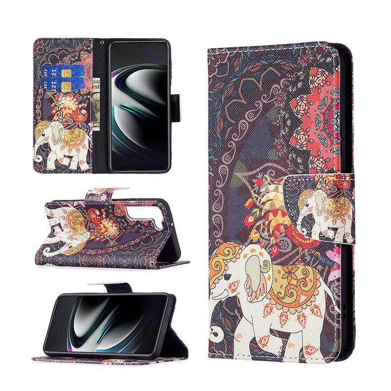 Samsung Galaxy S22 Plus 5G Colored Drawing Pattern Θήκη Πορτοφόλι Flowers Elephant