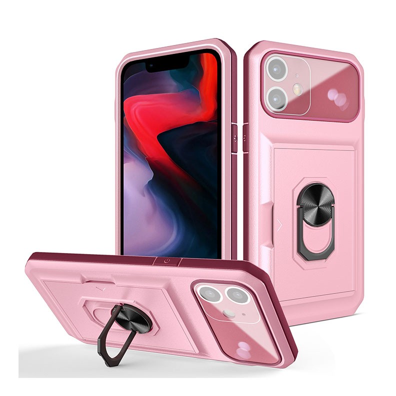 Apple iPhone 11 Card Ring Holder PC + TPU Σκληρή θήκη με Δαχτυλίδι Pink/Wine Red