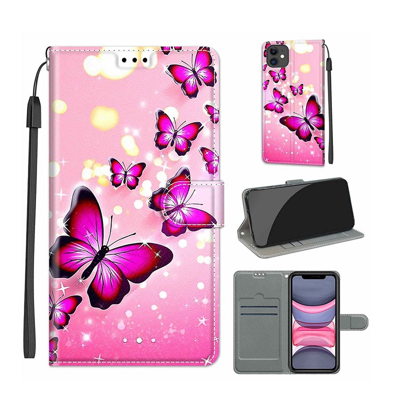 Apple iPhone 11 Voltage Colored Drawing Magnetic Θήκη Πορτοφόλι Pink Flying Butterflies
