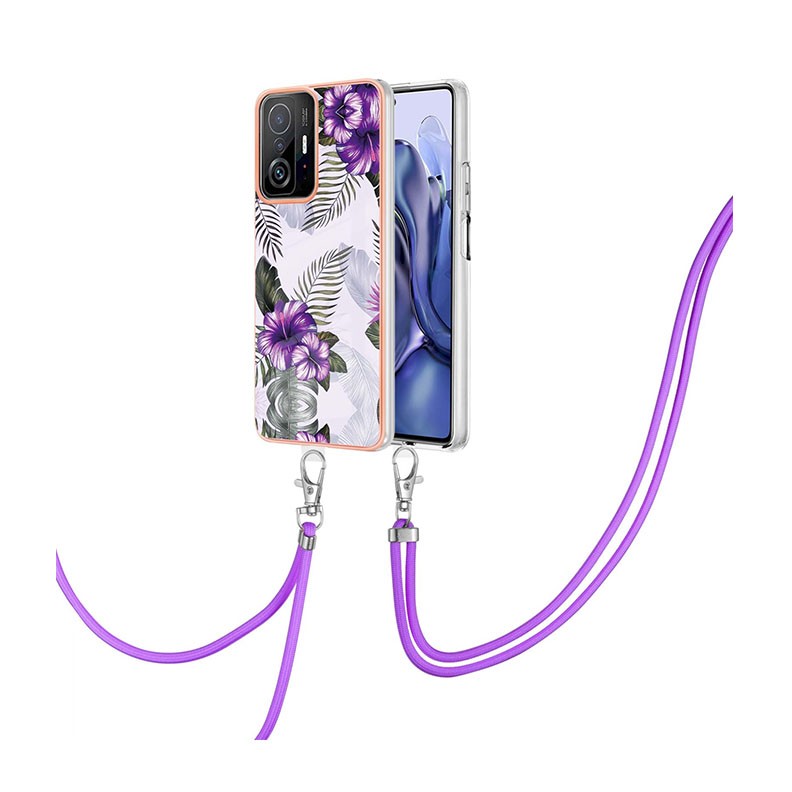 Xiaomi 11T / 11T Pro Electroplating Θήκη Σιλικόνης με Λουράκι Purple Flower