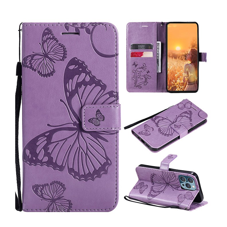 Apple iPhone 13 Pro 3D Butterfly Embossed Pattern Θήκη Πορτοφόλι Purple