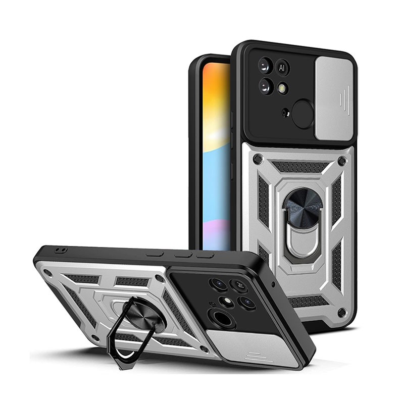Xiaomi Redmi 10C Sliding Camera Cover Σκληρή Θήκη με Δαχτυλίδι και Κάλυμμα Κάμερας Silver