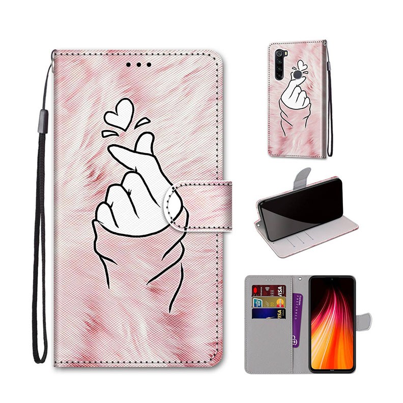 Xiaomi Redmi Note 8 Coloured Drawing Cross Texture Θήκη Πορτοφόλι Pink Hands Heart