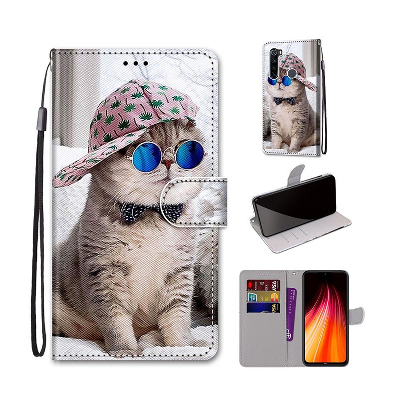 Xiaomi Redmi Note 8 Coloured Drawing Cross Texture Θήκη Πορτοφόλι Slant Hat Blue Mirror Cat