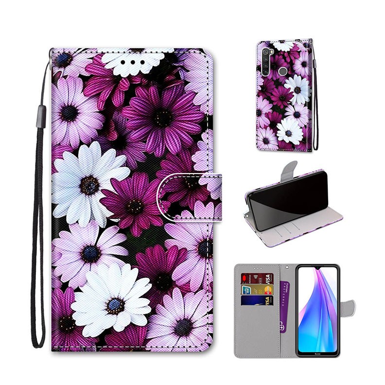 Xiaomi Redmi Note 8T Coloured Drawing Cross Texture Θήκη Πορτοφόλι Chrysanthemum Pink White Purple