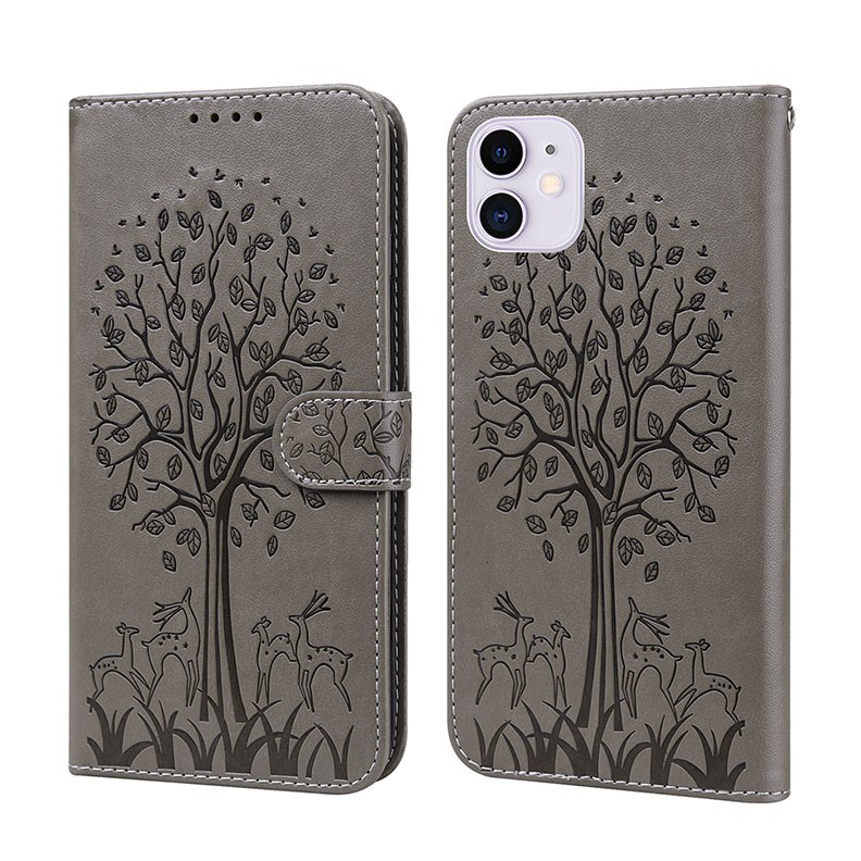 Apple iPhone 11 Lotus Embossed Leather  Θήκη Πορτοφόλι Grey