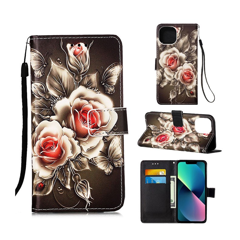 Apple iPhone 14 Plus Painted Flat Texture Θήκη Πορτοφόλι Roses On Black