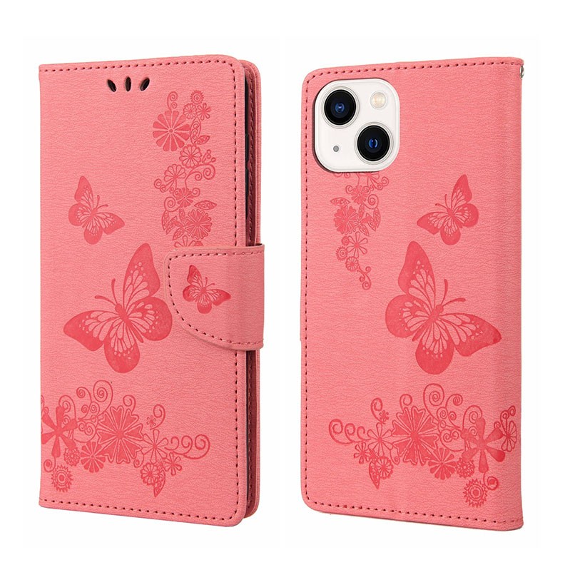 Apple iPhone 14 Butterfly Embossed Horizontal Pink