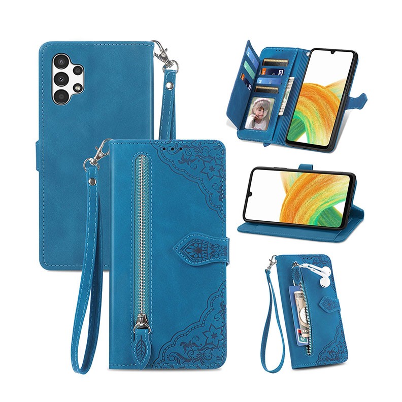 Samsung Galaxy A13 4G Embossed Flower Θήκη Πορτοφόλι Blue