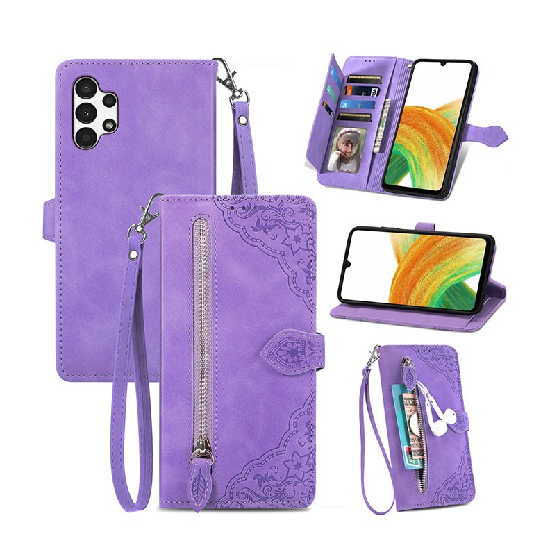 Samsung Galaxy A13 4G Embossed Flower Θήκη Πορτοφόλι Purple
