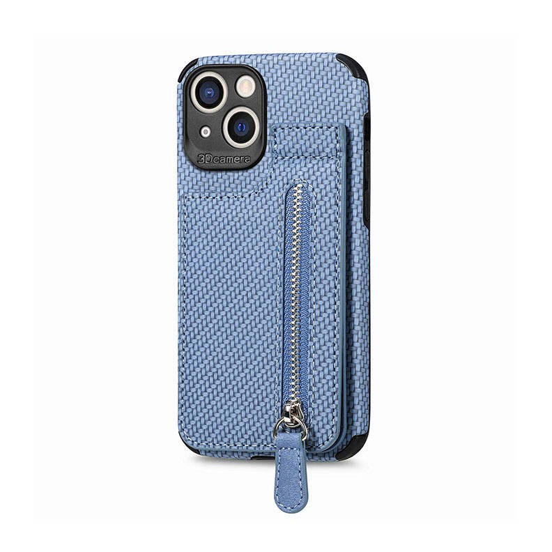 Apple iPhone 14 Carbon Fiber Vertical Flip Zipper Θήκη Πορτοφόλι Blue