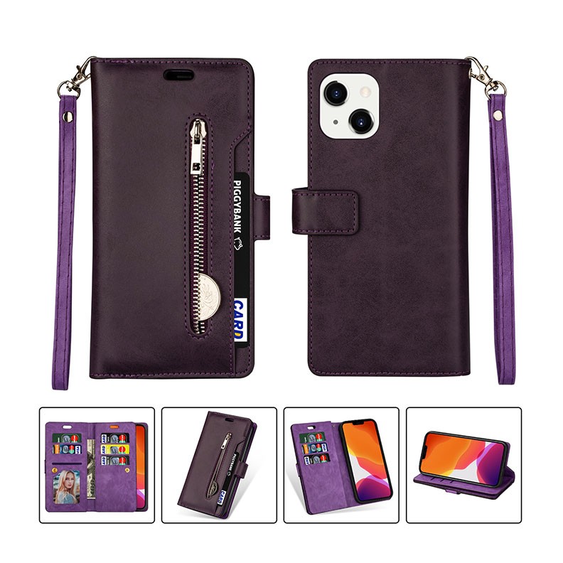 Apple iPhone 14 Plus Multifunctional Zipper Θήκη Πορτοφόλι Purple