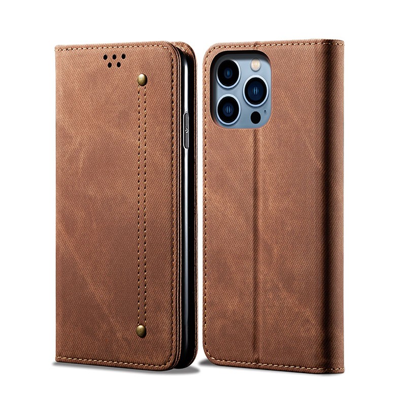 Apple iPhone 14 Pro Denim Texture Θήκη Βιβλίο Brown