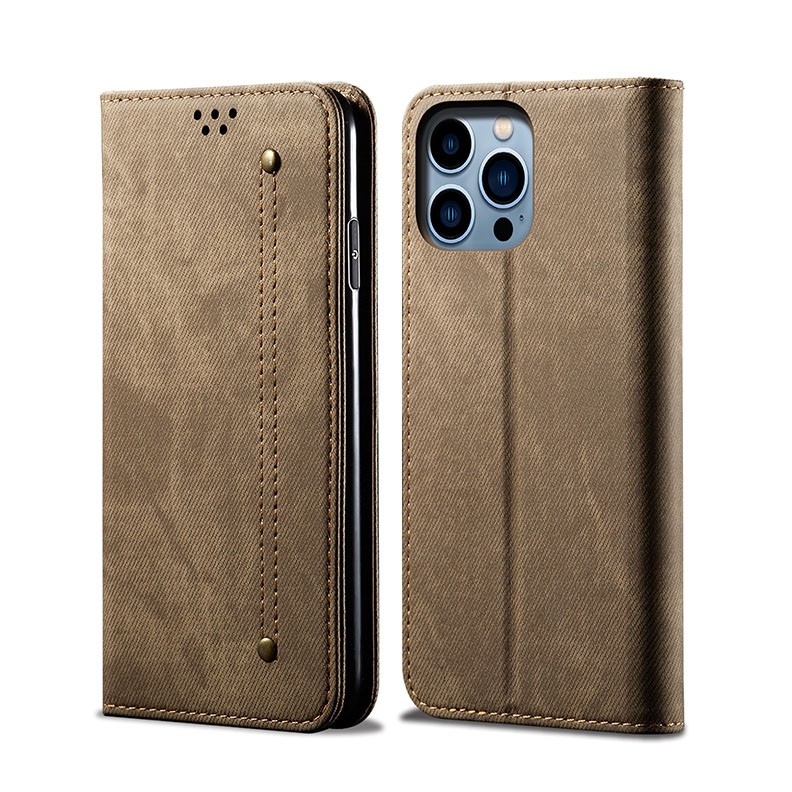 Apple iPhone 14 Pro Denim Texture Θήκη Βιβλίο Khaki