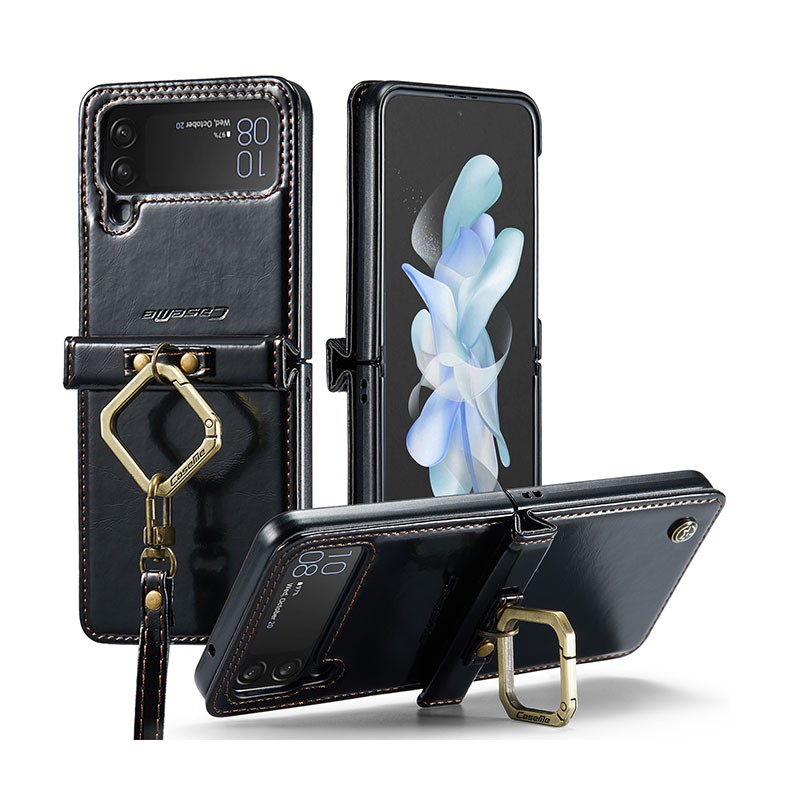 Samsung Galaxy Z Flip4 5G CaseMe 003 Leather Texture Σκληρή Θήκη με Λουράκι Black