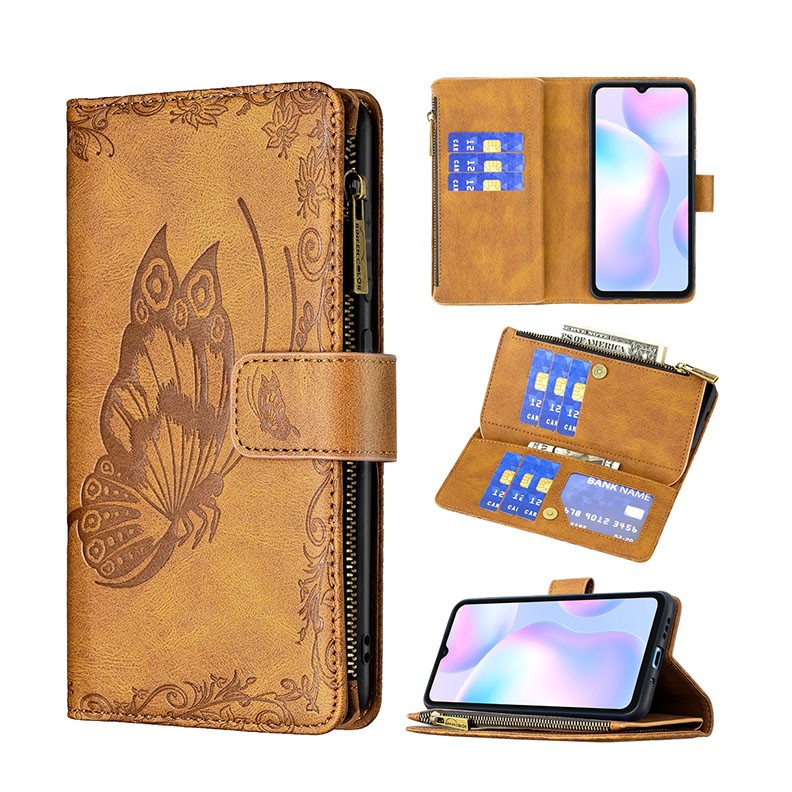 Xiaomi Redmi 9A Butterfly Zipper Θήκη Πορτοφόλι Brown
