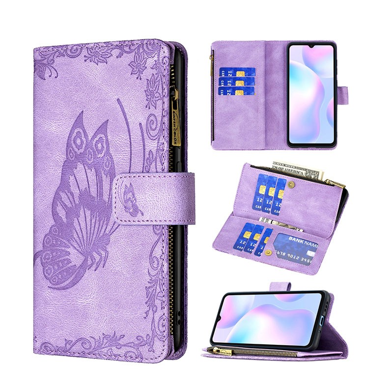 Xiaomi Redmi 9A Butterfly Zipper Θήκη Πορτοφόλι Purple