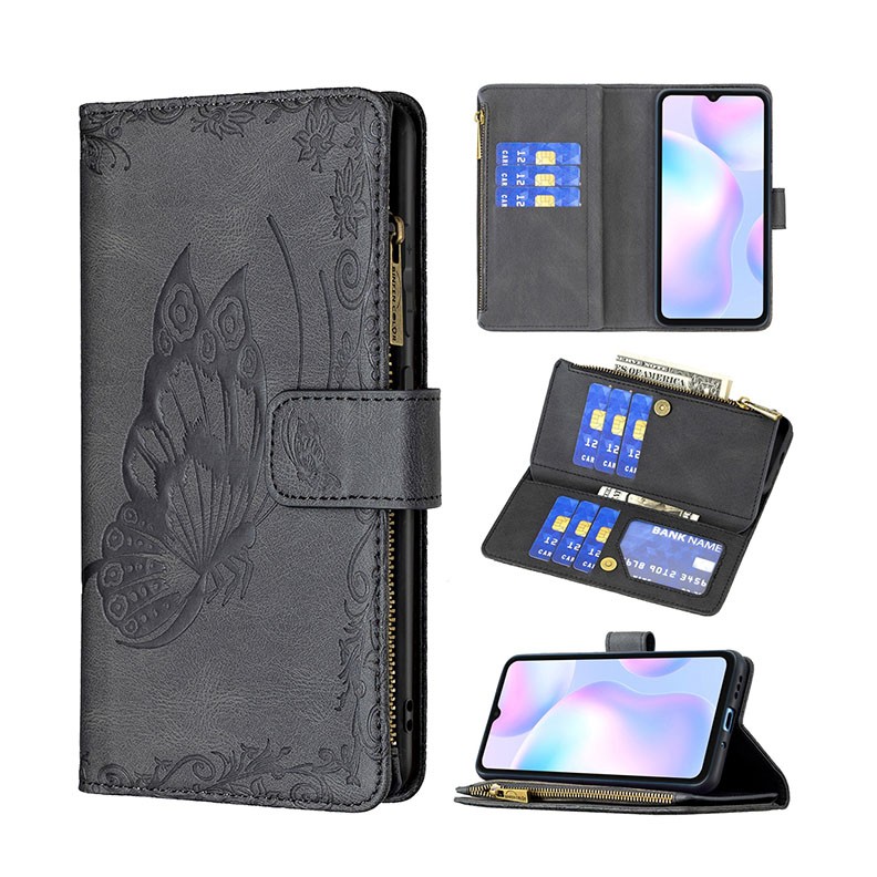 Xiaomi Redmi 9A Butterfly Zipper Θήκη Πορτοφόλι Black