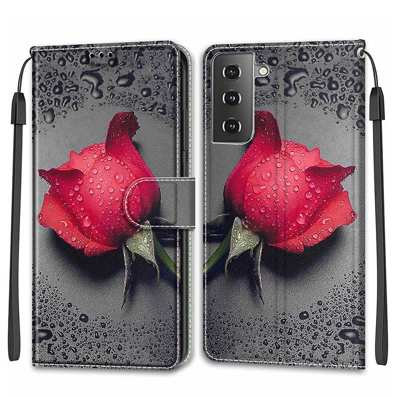 Samsung Galaxy S21 5G Water and Roses Θήκη Πορτοφόλι Black Water Rose