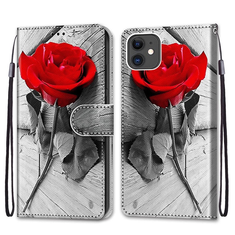 Apple iPhone 12 Wood and Roses Θήκη Πορτοφόλι Wood Red Rose