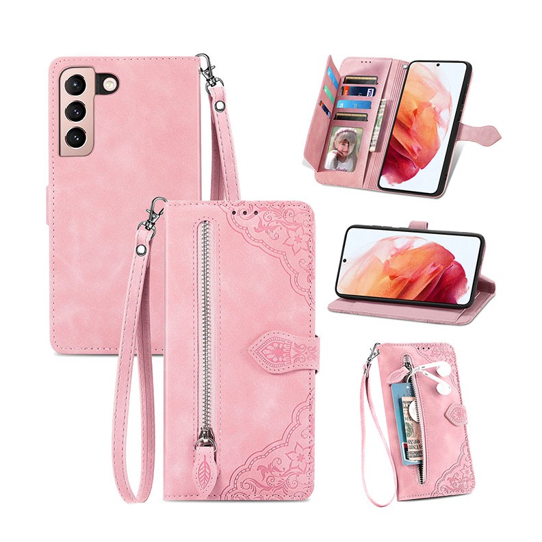 Samsung Galaxy S21 Ultra 5G Flower Zipper Θήκη Πορτοφόλι Pink