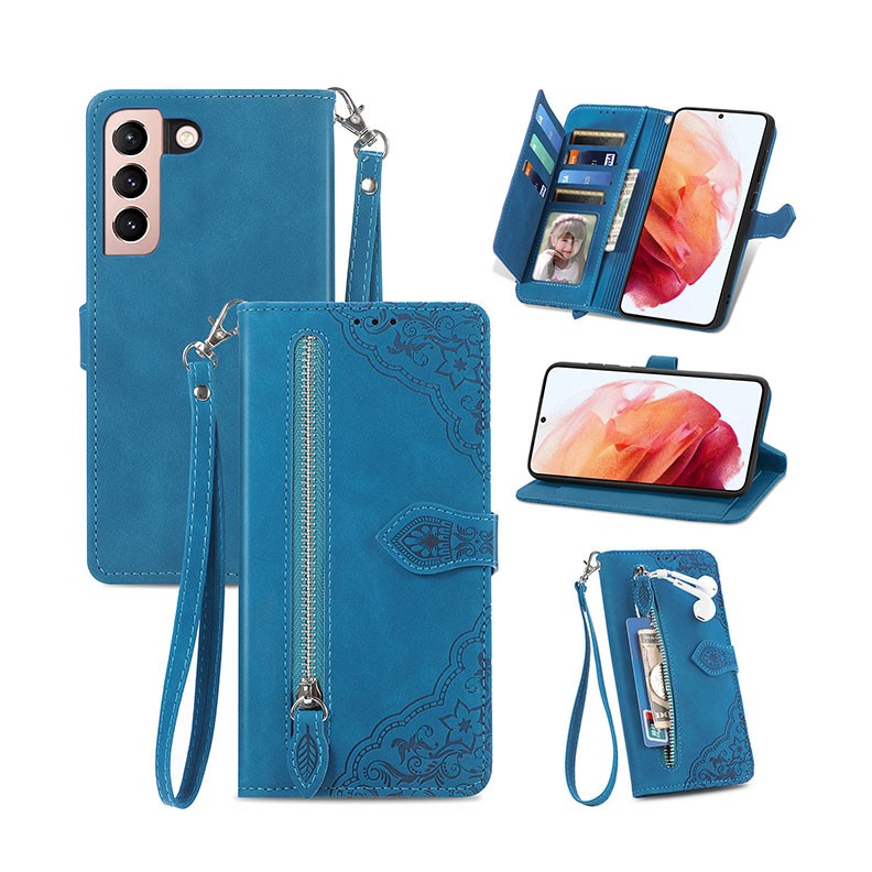 Samsung Galaxy S21 Ultra 5G Flower Zipper Θήκη Πορτοφόλι Blue