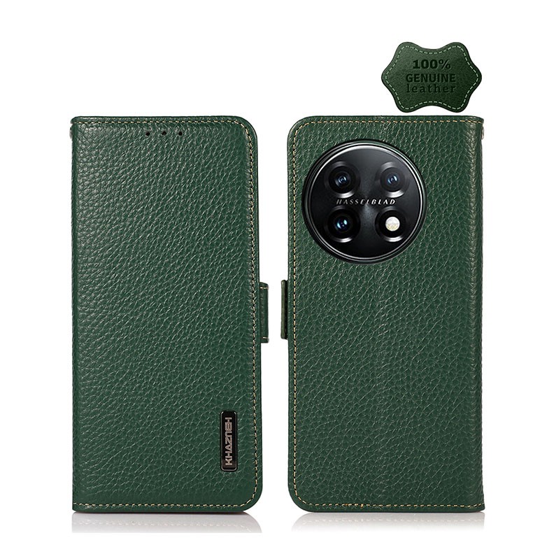 OnePlus 11 5G Genuine Leather Θήκη Πορτοφόλι Green