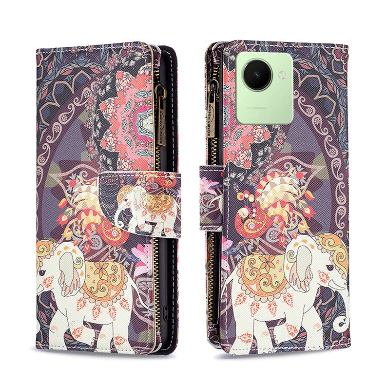 Realme C30 Colored Pattern Zipper Θήκη Πορτοφόλι Flower Elephants