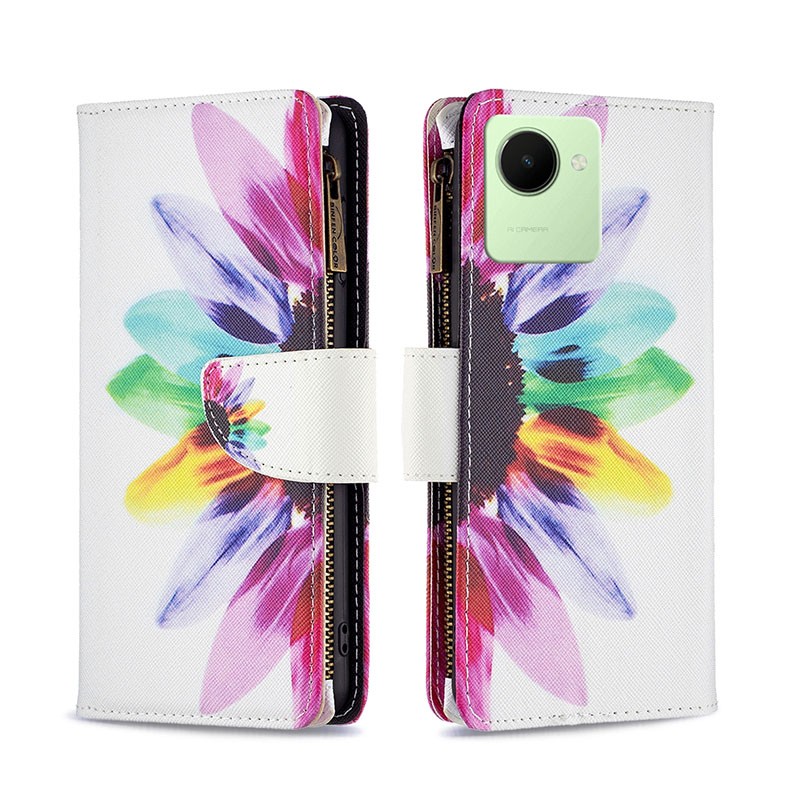 Realme C30 Colored Pattern Zipper Θήκη Πορτοφόλι Sun Flower