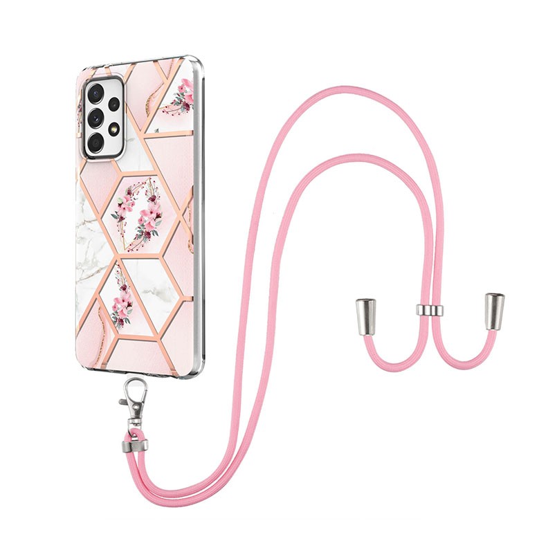 Samsung Galaxy A33 5G Marble Flower Θήκη με Λουράκι Pink Flower